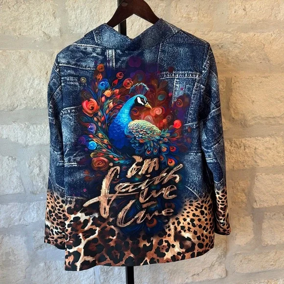 Peacock Print Denim Blazer - Picture 4 of 6
